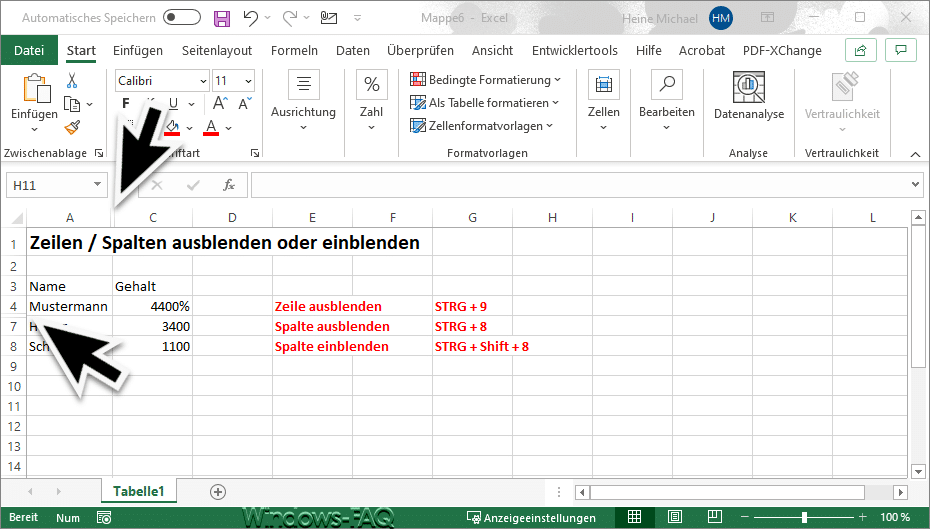 Excel Spalte und Zeile ausgeblendet