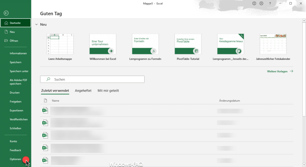 Excel Startbildschirm