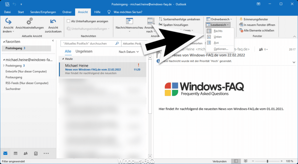 Outlook Lesebereich