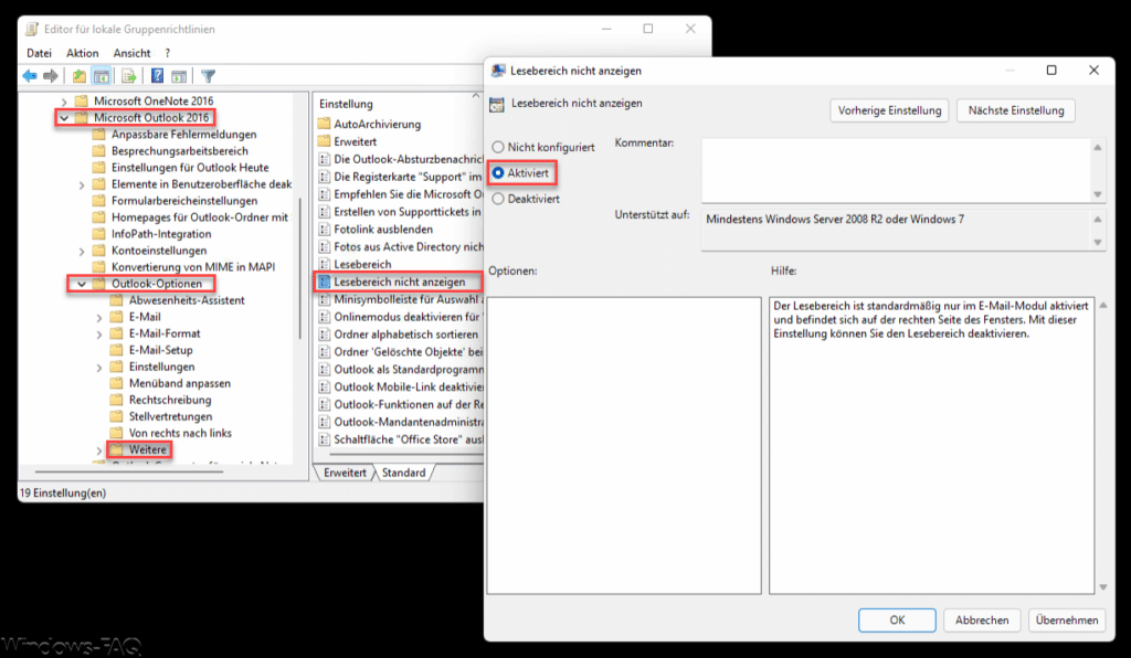 Outlook Lesebereich nicht anzeigen GPO