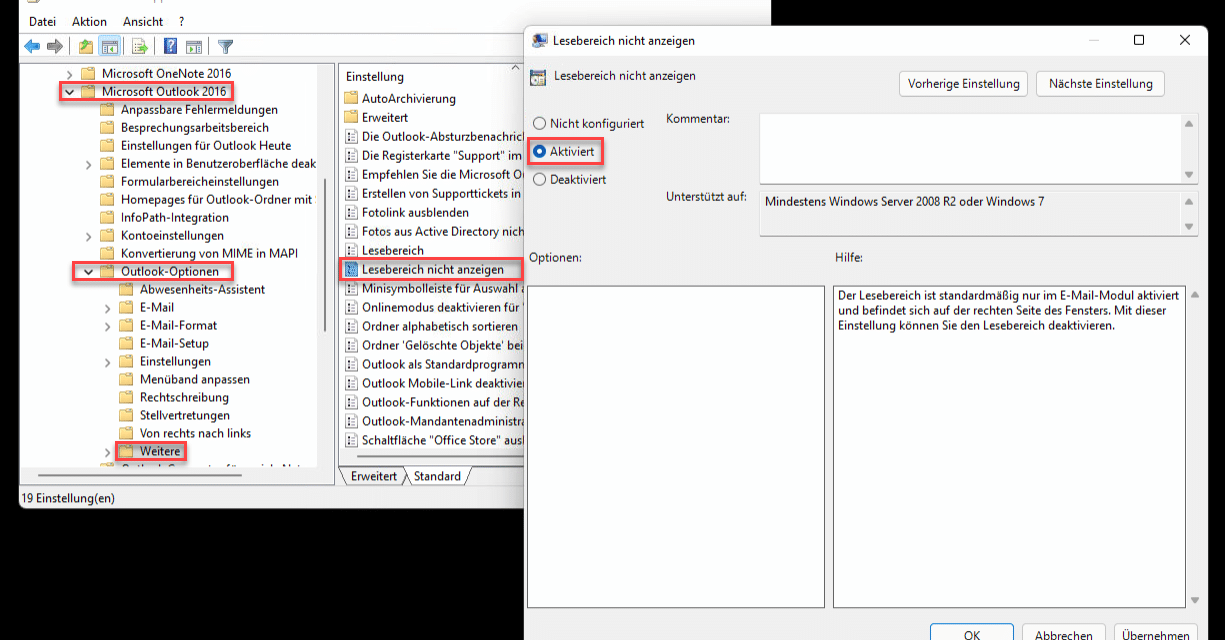 Outlook Lesebereich ausblenden per GPO