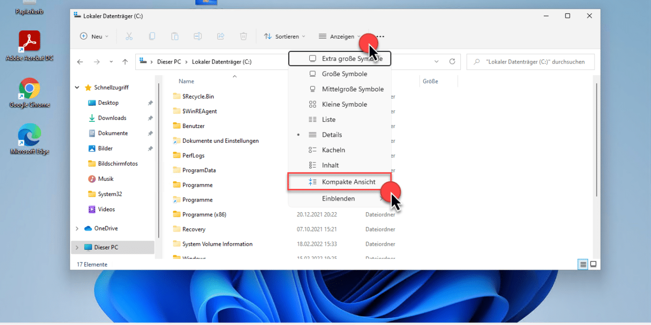 Kompakte Ansicht Windows 11 Explorer
