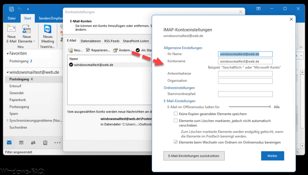 Outlook IMAP Kontoeinstellungen Details Web.de