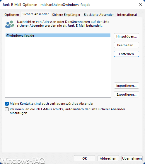 Outlook Sichere Absender Empfänger und blockierte Absender