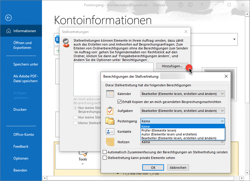 Outlook Stellvertreter Berechtigungen