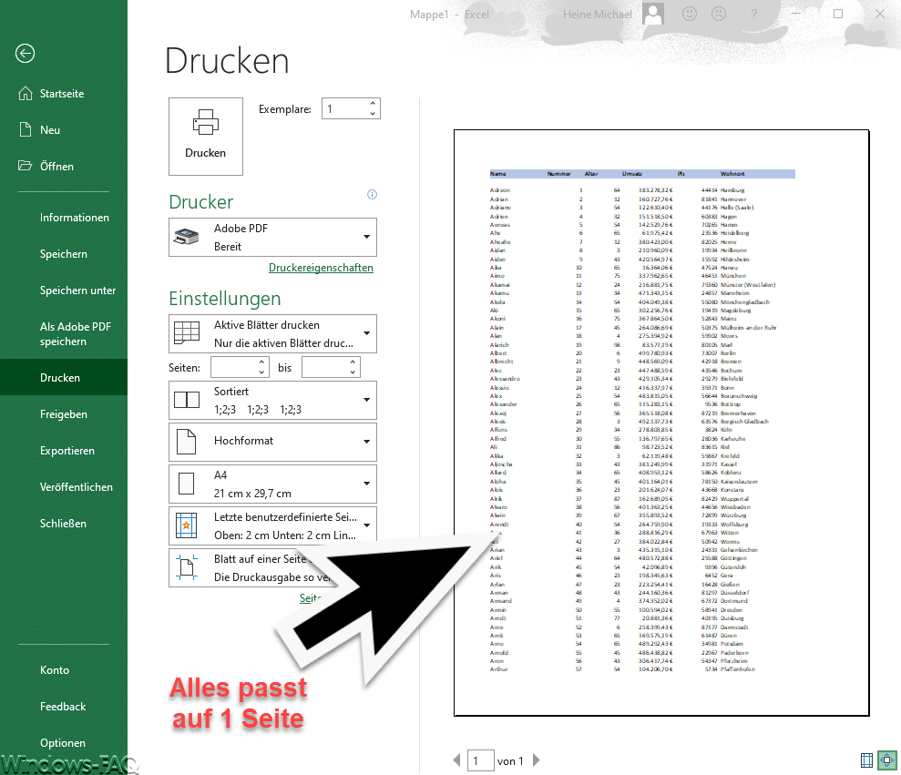 Excel Ausdruck alles auf einer Seite