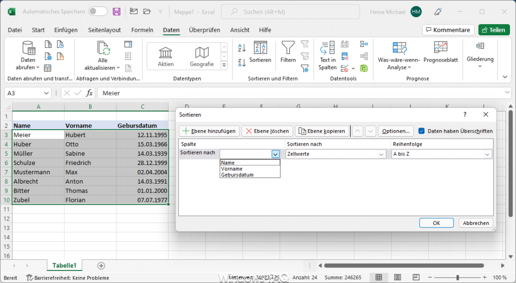 Excel Sortieren nach
