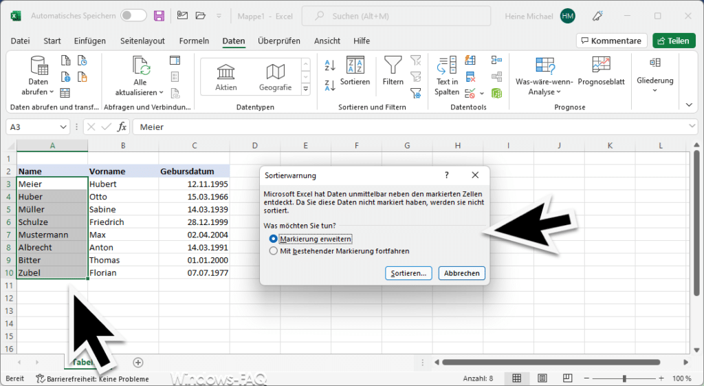 Excel Sortierwarnung