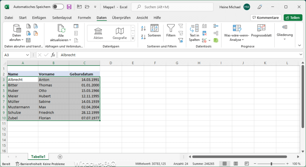 Excel Tabelle sortiert