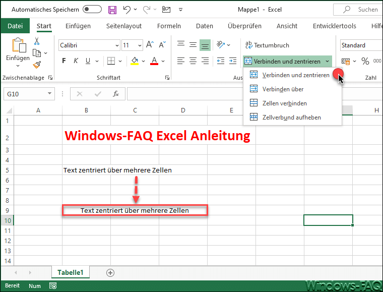 Excel Zellen verbinden und Text zentrieren
