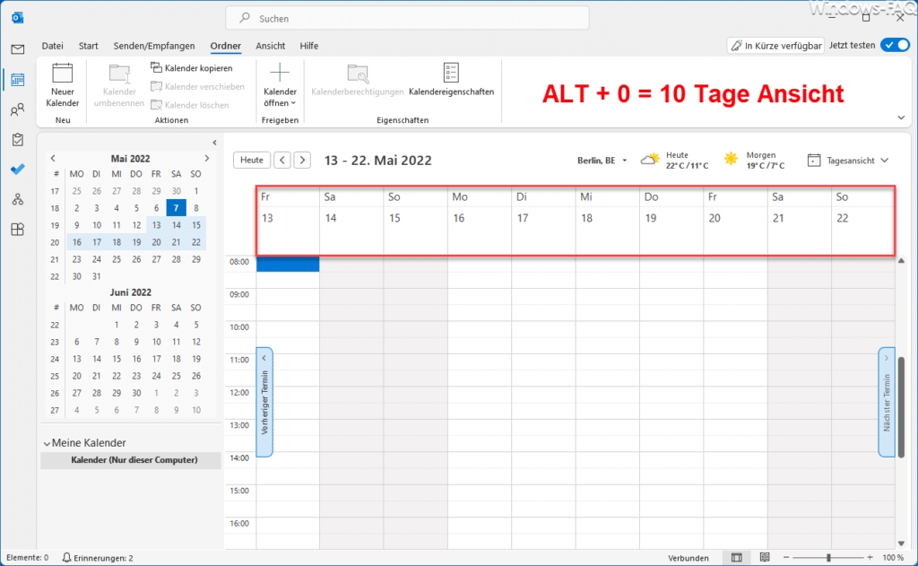Outlook Kalender 10 Tage Ansicht