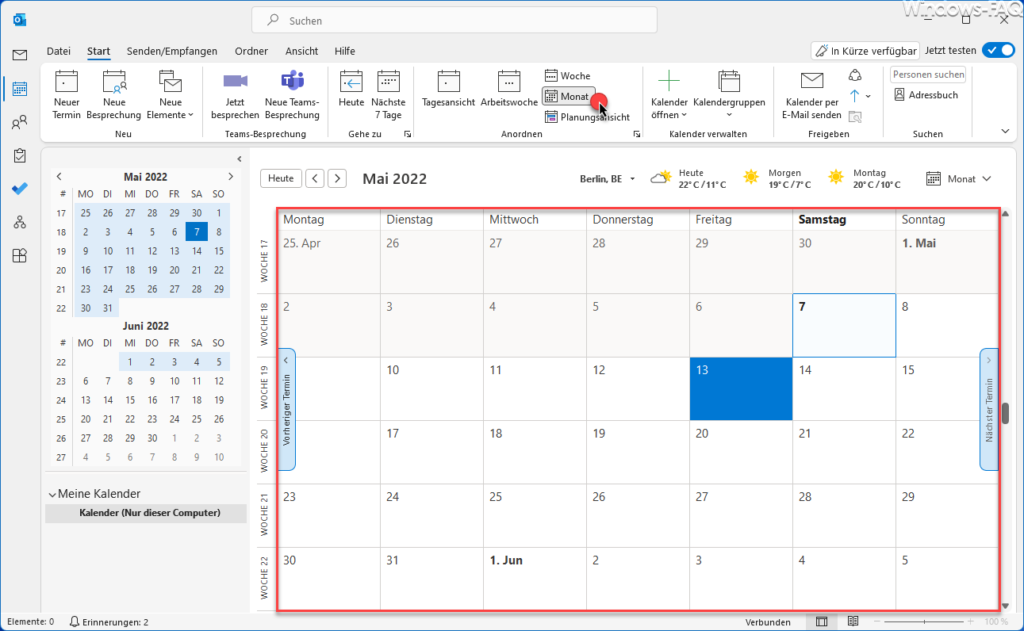 Outlook Monatsansicht