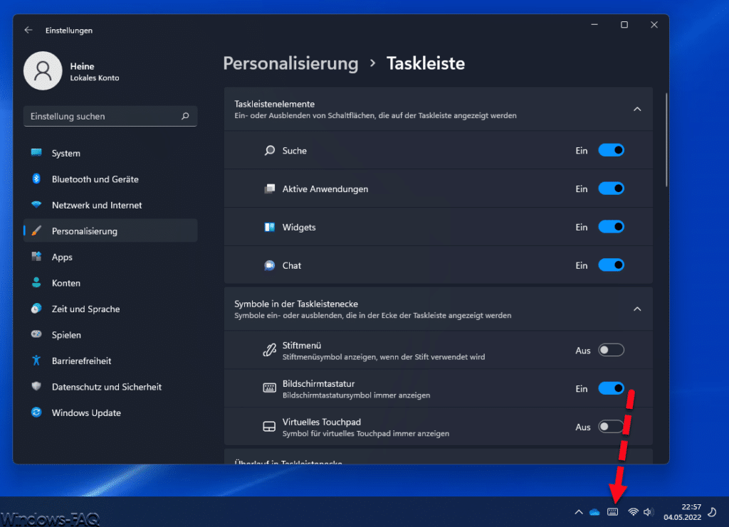 Windows Personalisierung Taskleiste Bildschirmtastatur