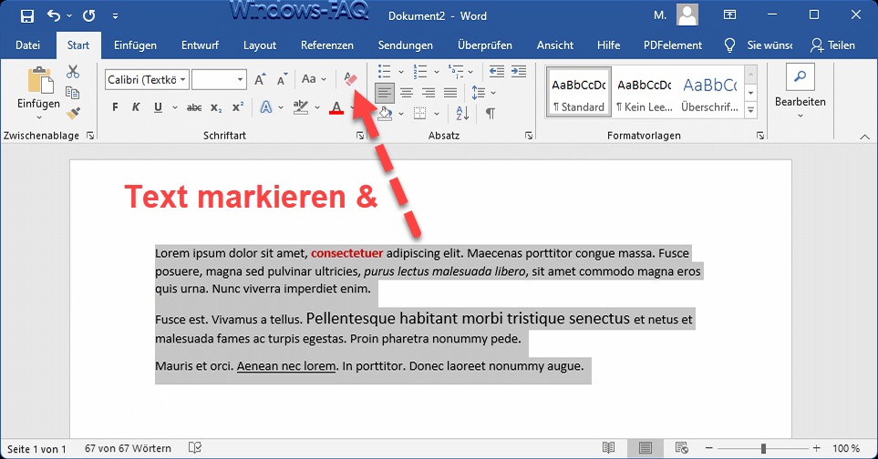 Word Text markieren und Formatierungen löschen