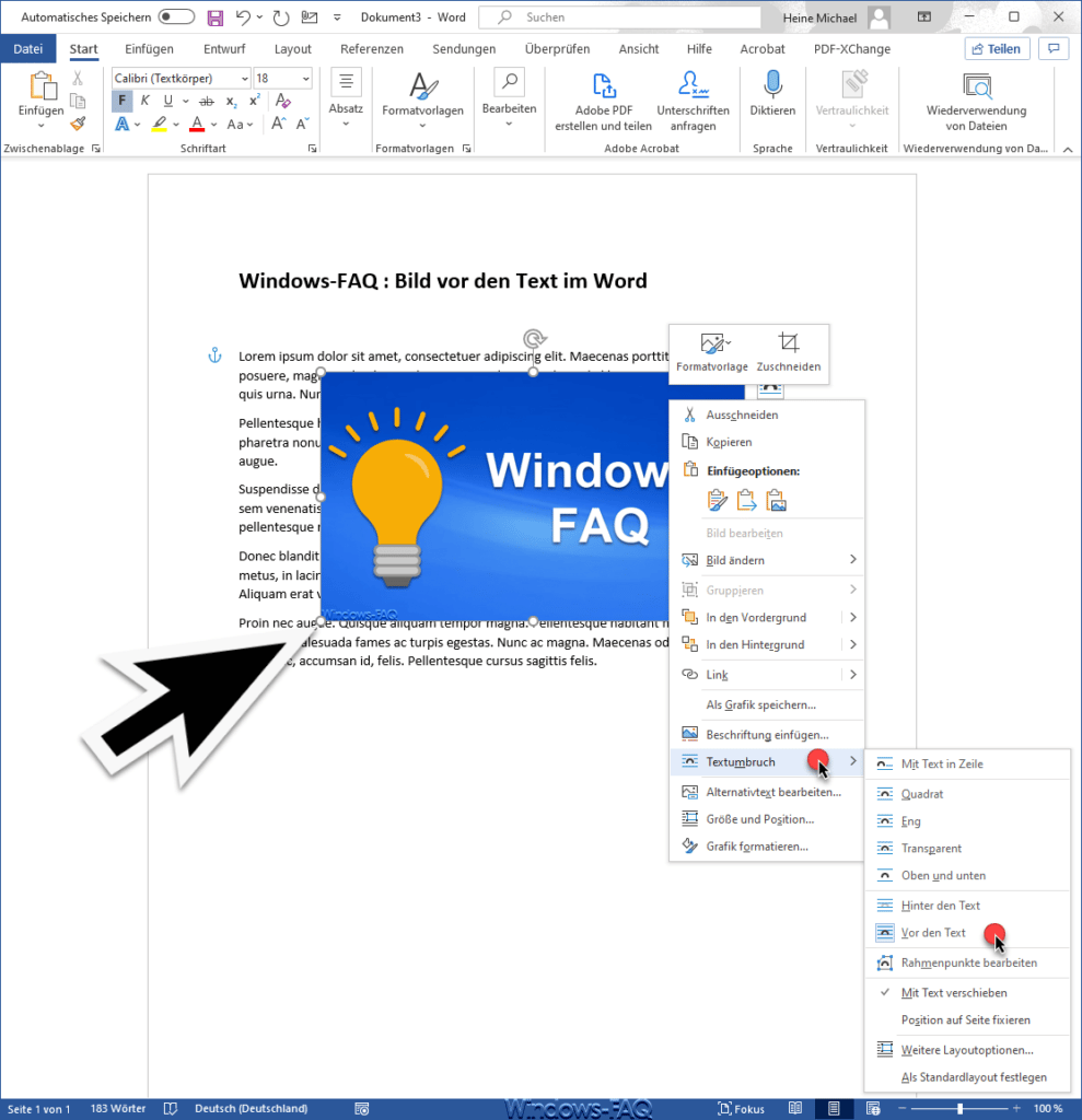 Bild vor den Text im Word