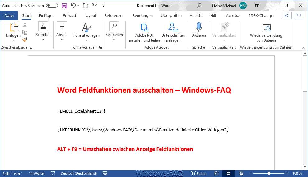 Word Feldfunktionen