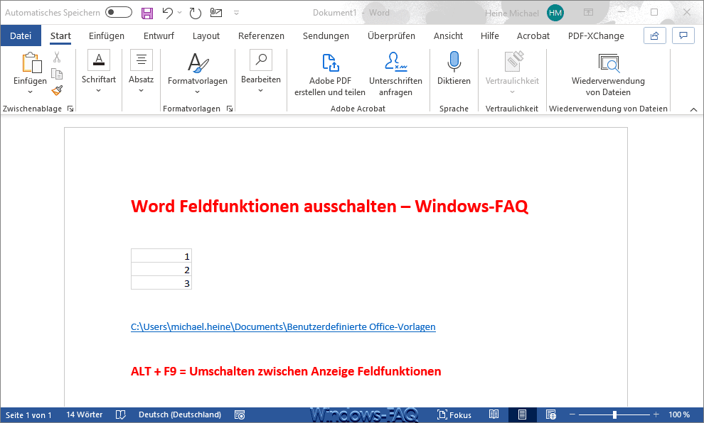 Word ausgeschaltete Feldfunktionen