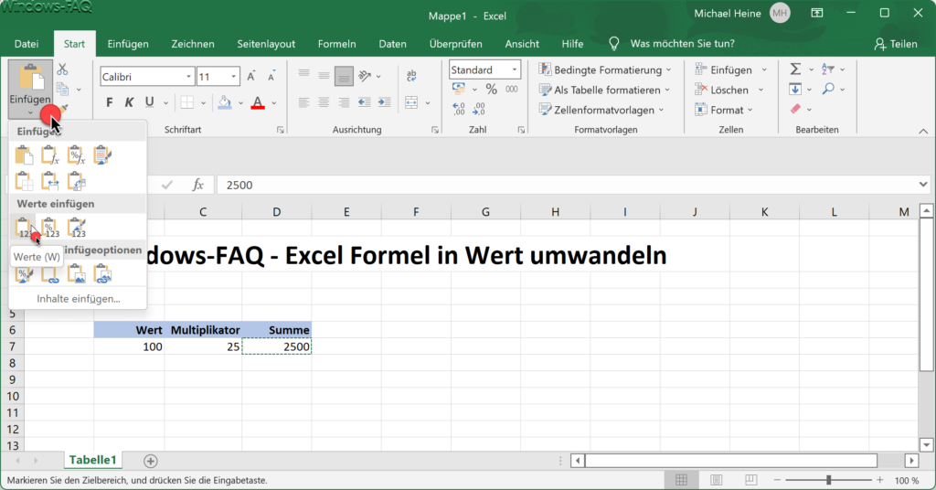 Excel Wert aus Zwischenablage einfügen