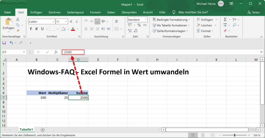 Excel umgewandelte Formel in Wert