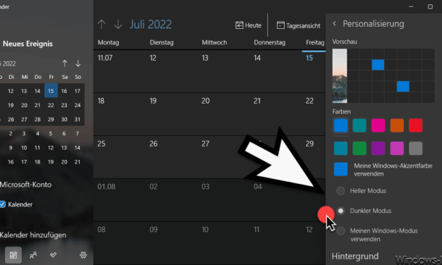 Windows Kalender auf Dunklen Modus umstellen