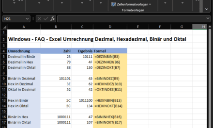 Excel Umrechnung Dezimal, Hex, Binär und Oktal