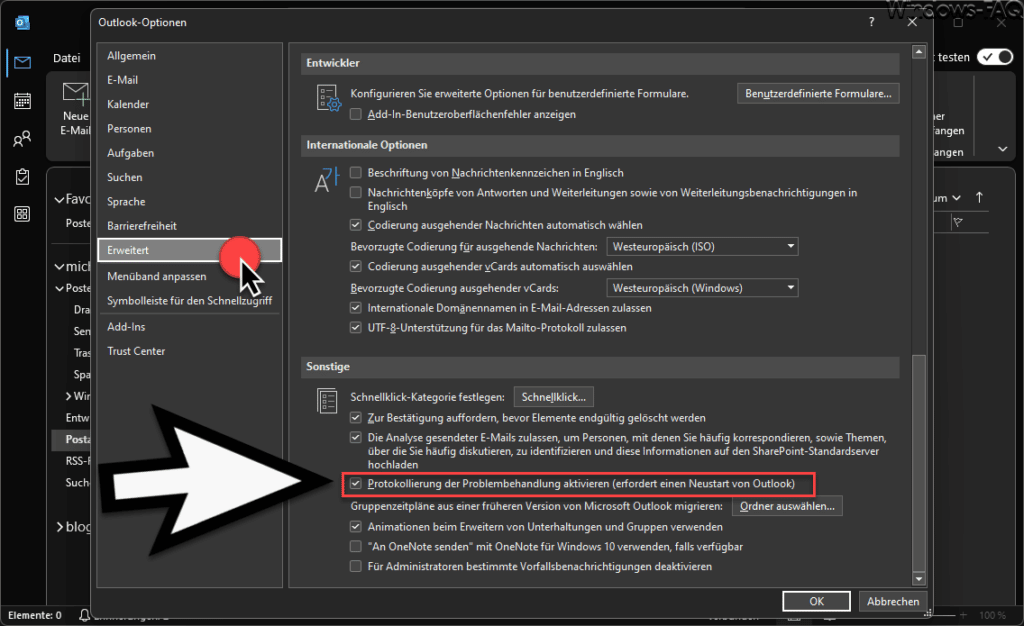 Outlook Protokollierung der Problembehandlung aktivieren