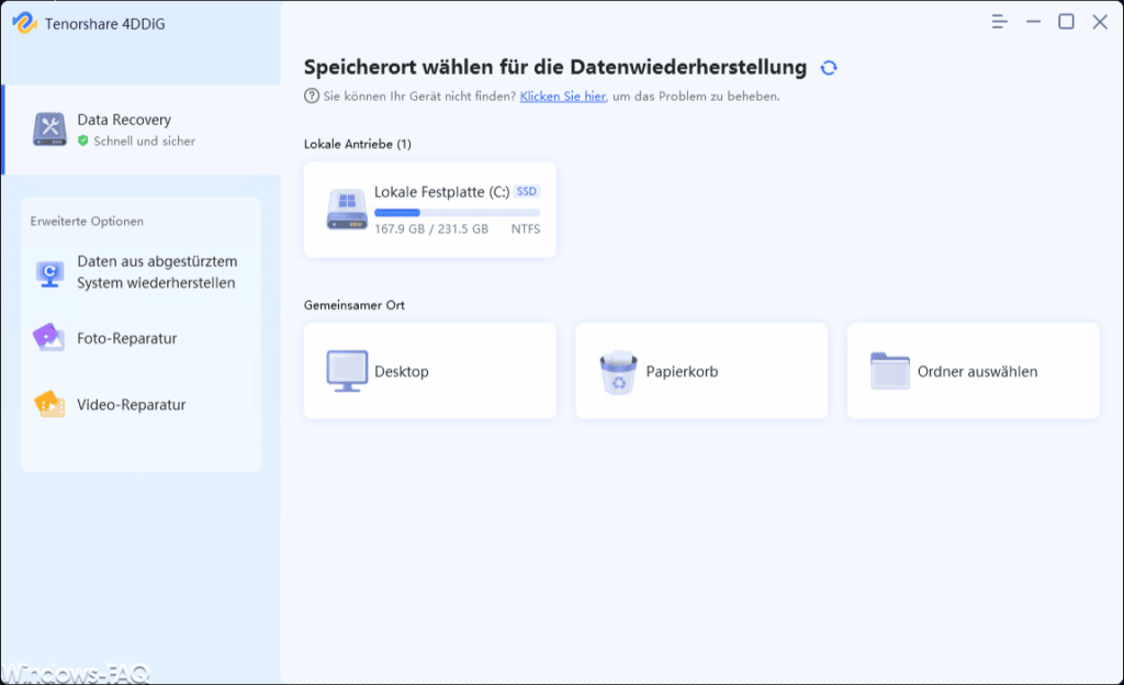 Speicherort wählen für die Datenwiederherstellung