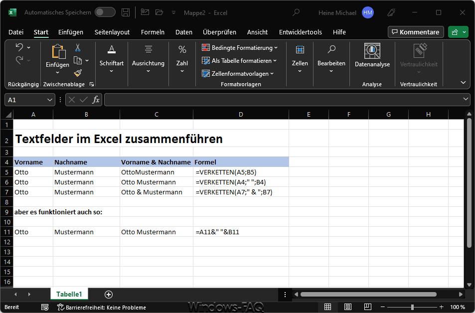 Textfelder im Excel zusammenführen