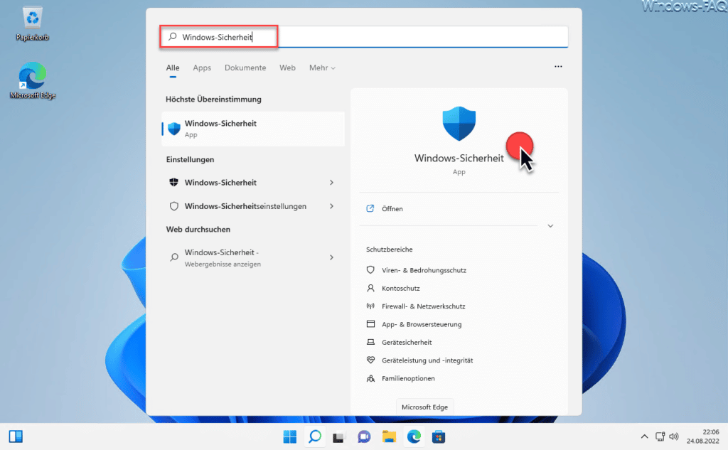 Über Windows Sicherheit die Windows Firewall starten
