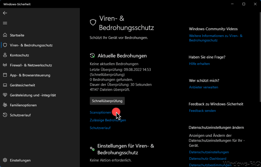 Windows-Sicherheit Scanoptionen