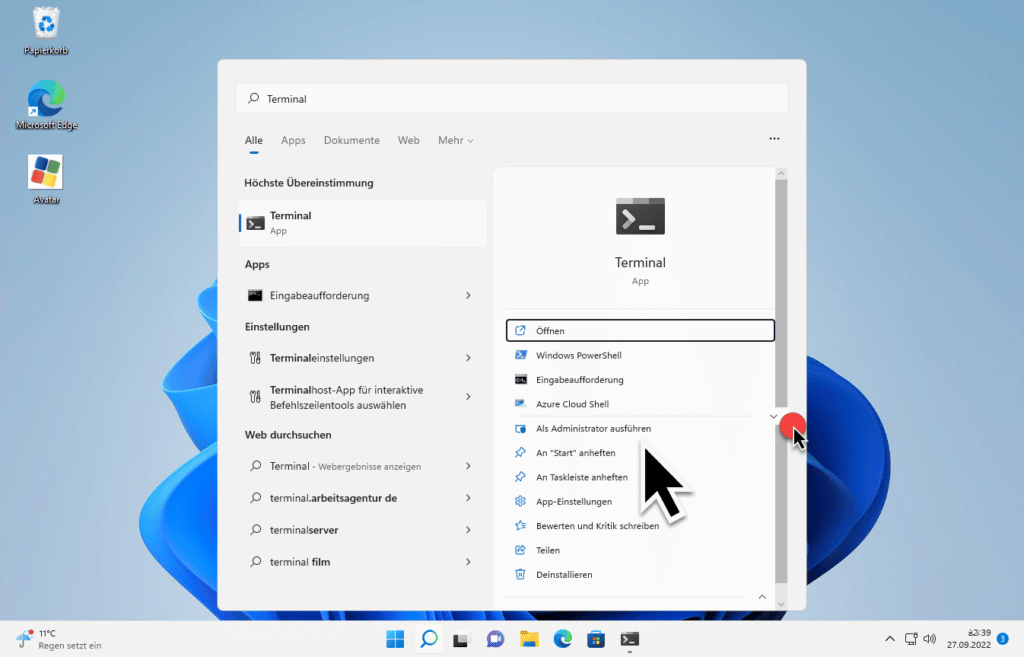 Windows Terminal App Startmenü Option Als Administrator ausführen