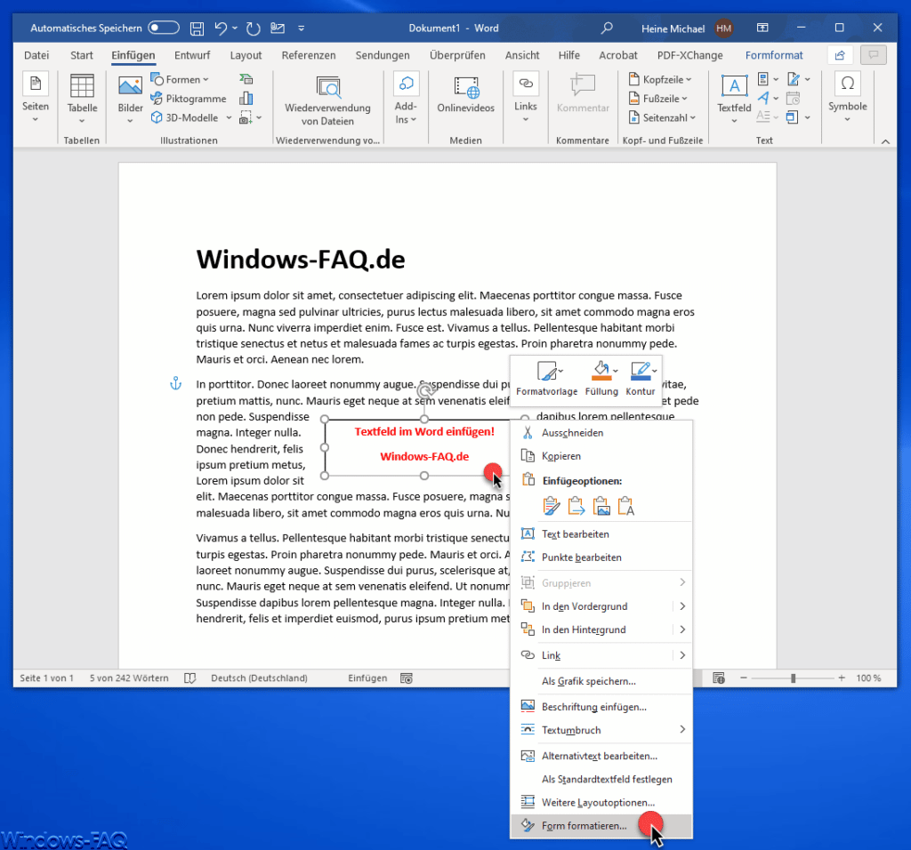 Word Textfeld Form formatieren