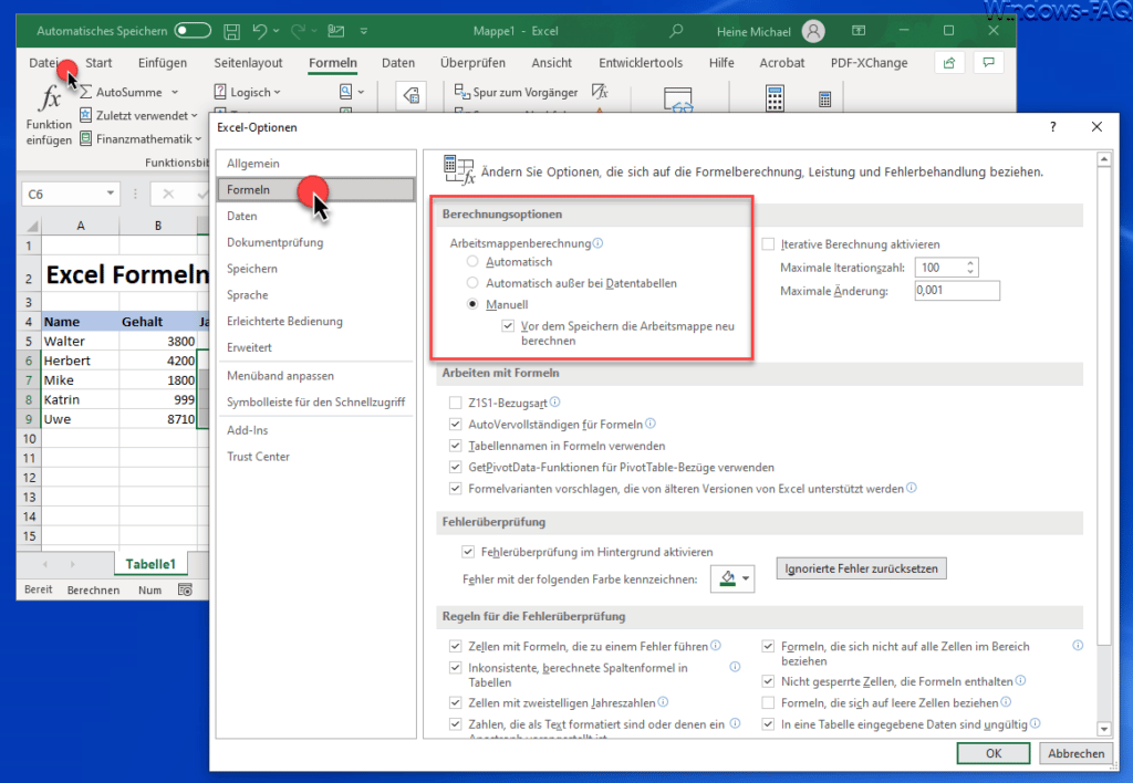 Excel Formeln Berechnungsoptionen manuell und automatisch