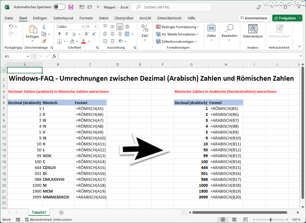 Excel Umrechnung Dezimal Arabisch in Römische Zahlen und umgekehrt