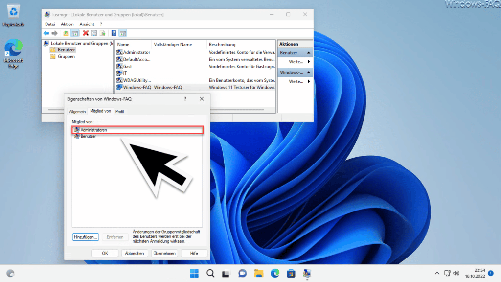 User Mitglied der Gruppen Administratoren