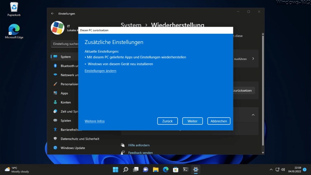 Windows 11 aktuelle Einstellungen bei diesen PC zurücksetzen