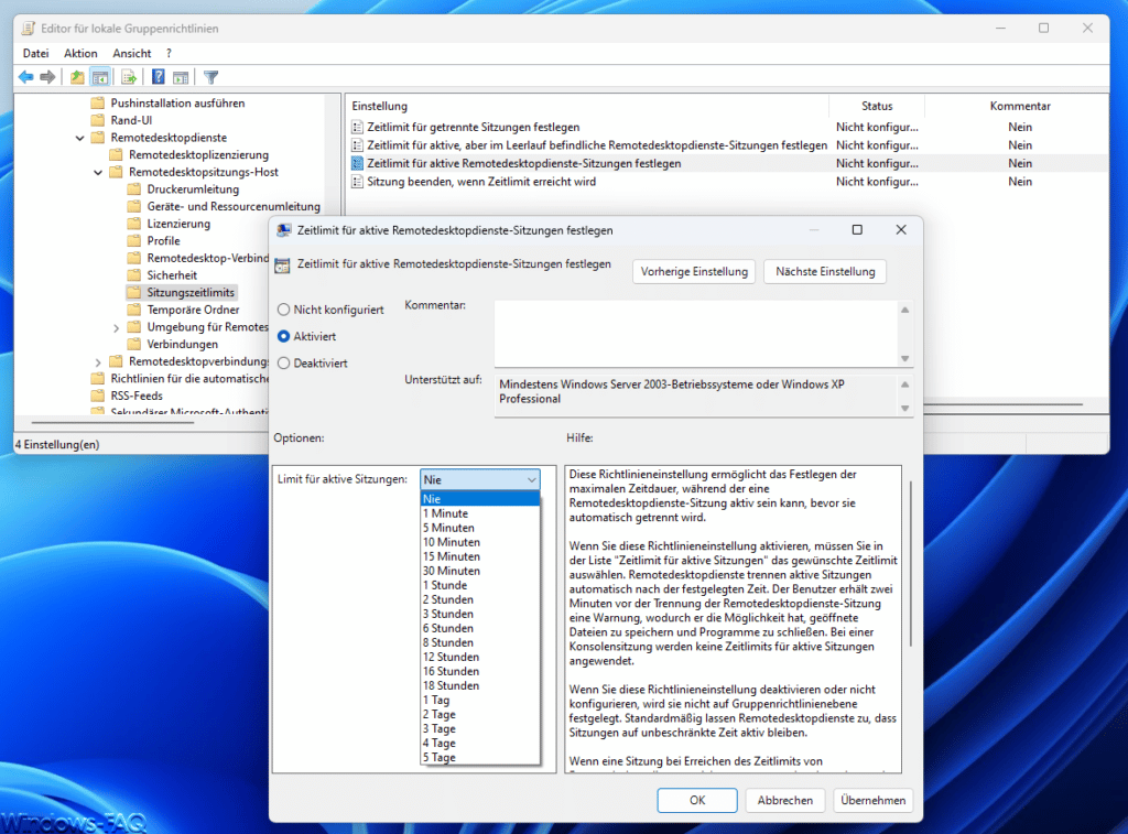 Zeitlimit für aktive Remotedesktopdienste-Sitzungen festlegen