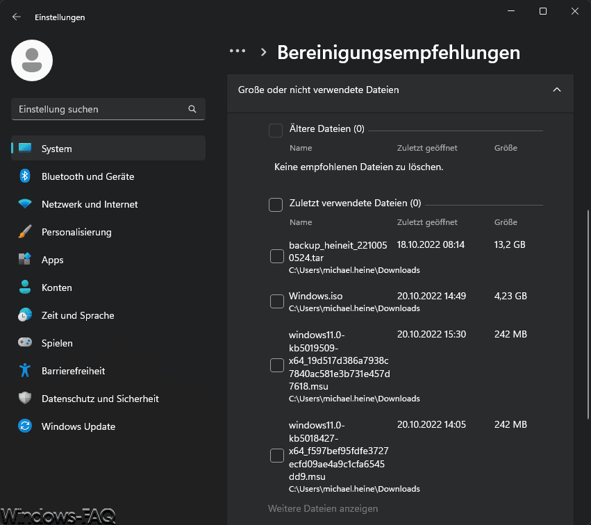 Große oder nicht verwendete Dateien
