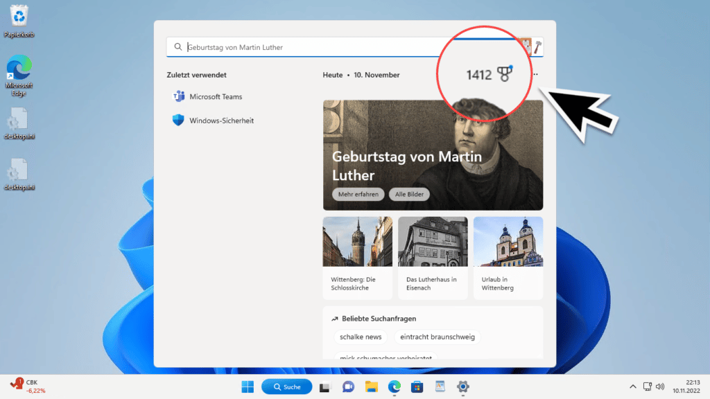 Microsoft Rewards Punkte im Startmenü