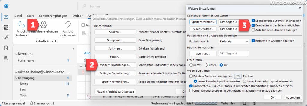 Outlook Bearbeiten in der Zeile ermöglichen
