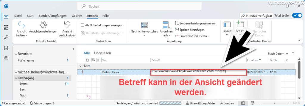 Outlook Betreff in der Zeile ändern