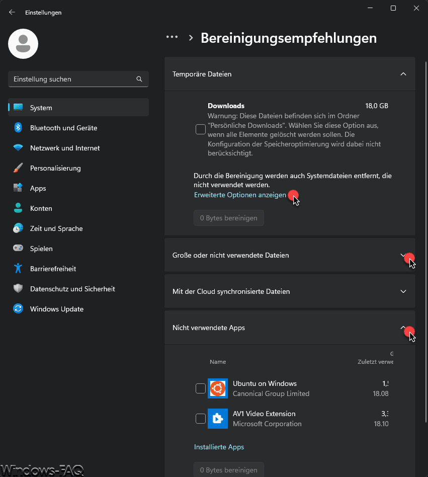 Windows 11 Bereinigungsempfehlungen