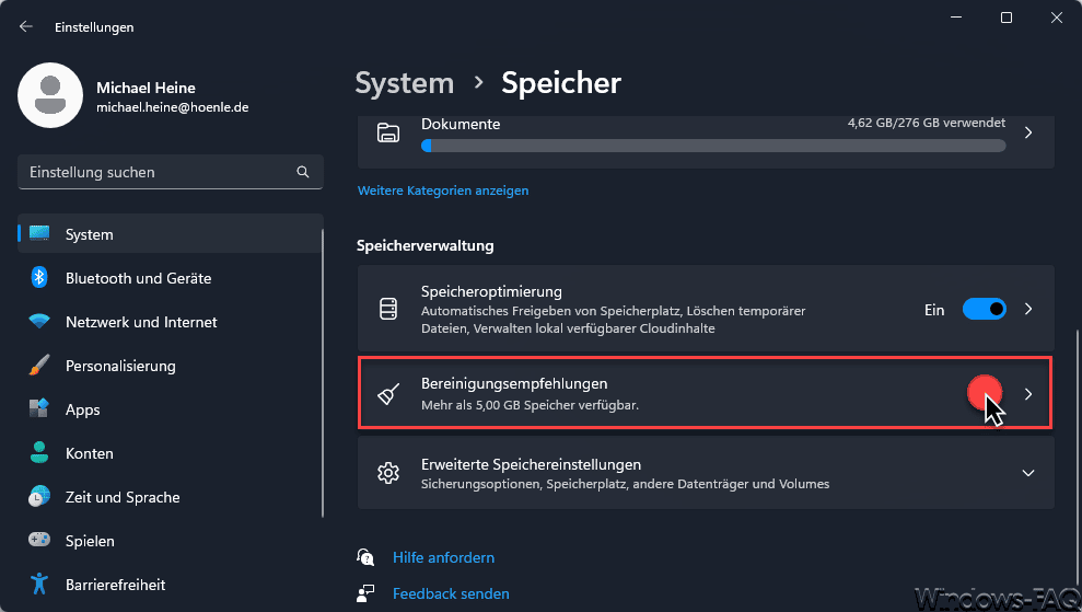 Windows 11 Speicherverwaltung und Bereinigungs-Empfehlungen
