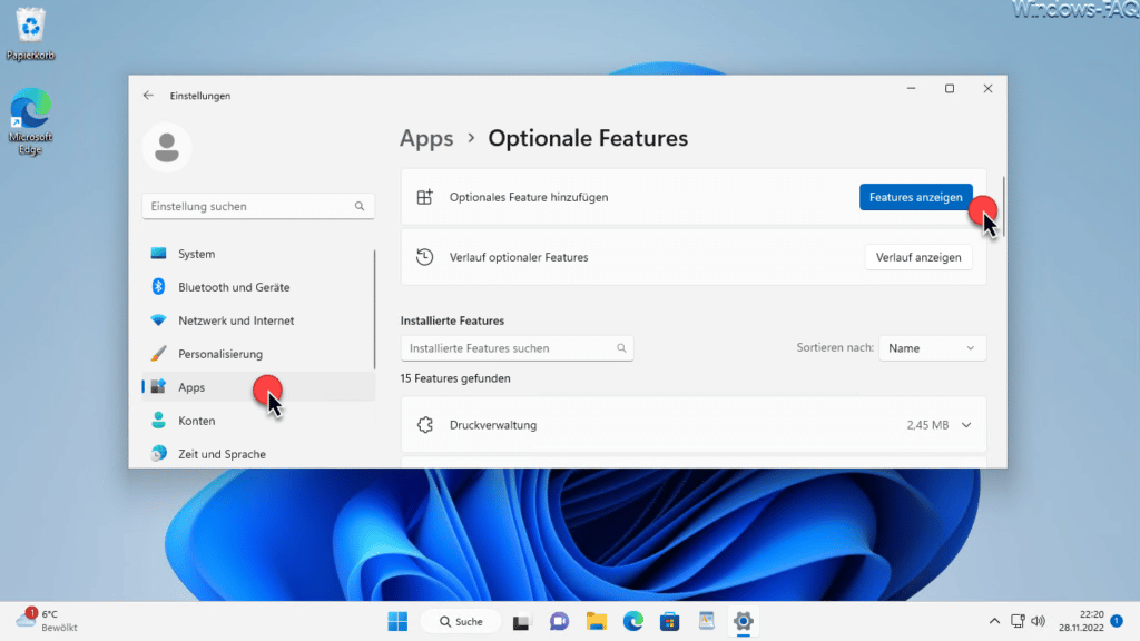 Windows Features anzeigen