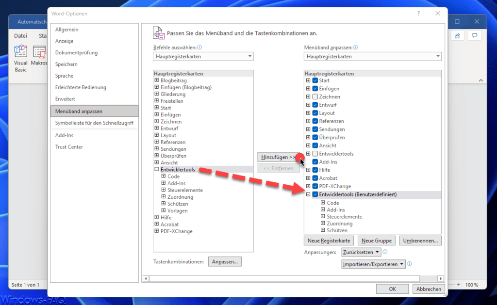 Word Entwicklertools