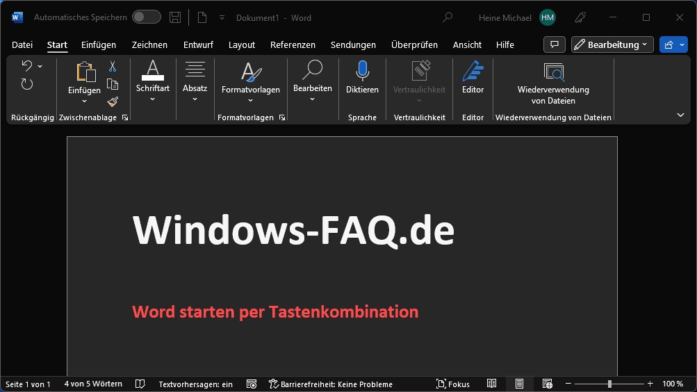 Word per Tastenkombination gestartet
