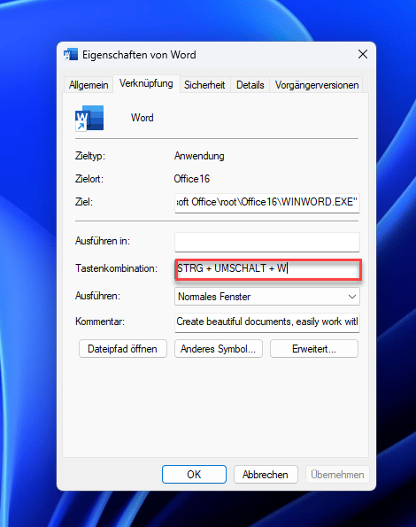 Word starten per Tastenkombination in den Eigenschaften