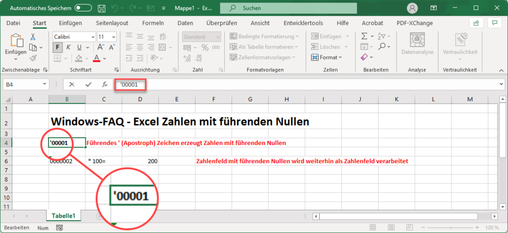 Excel Zahlen mit führenden Nullen