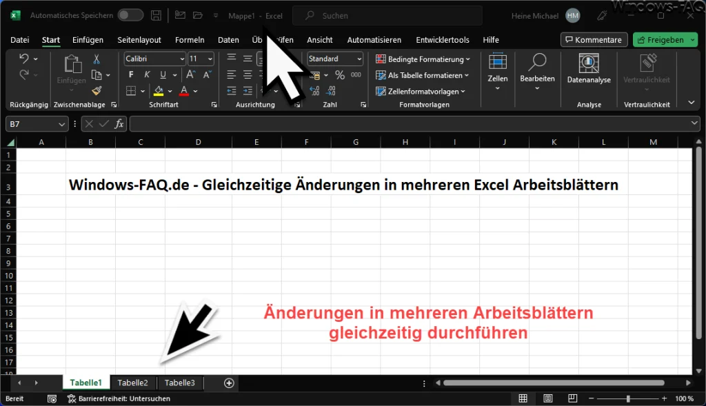 Mehrere Arbeitsblätter im Excel gleichzeitig ändern