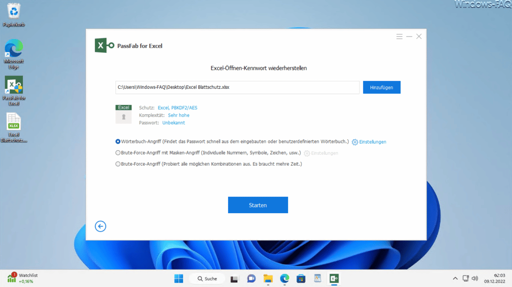 Passfab für Excel Dateiauswahl und Angriffsmethode auswählen